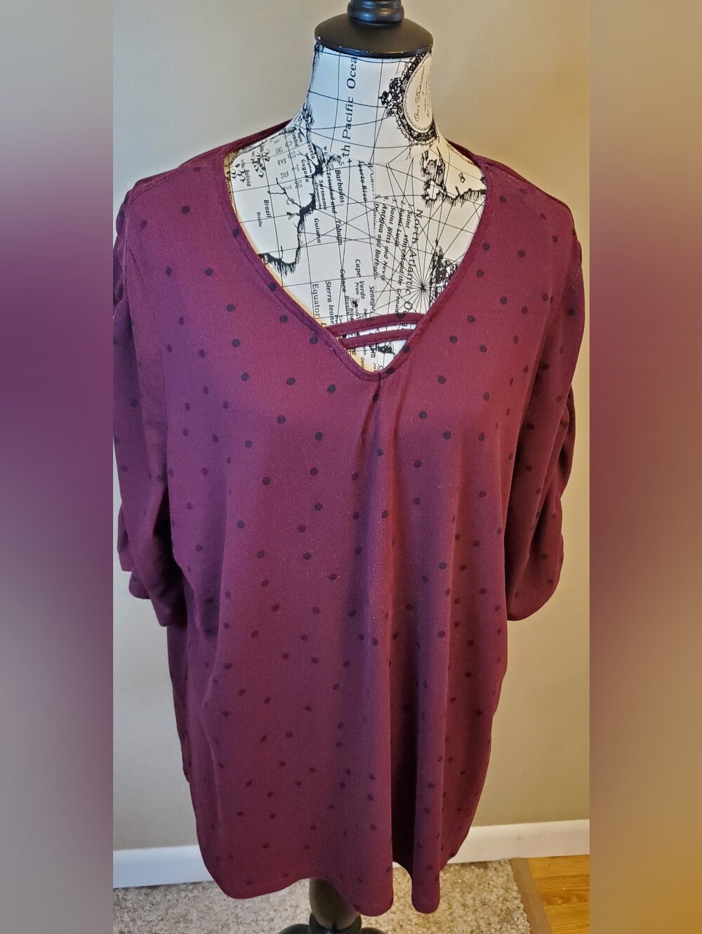 Como Black Woman 2X Plus Blouse Purple Polka Dot Rhinestone Sleeve 3/4 Sleeve